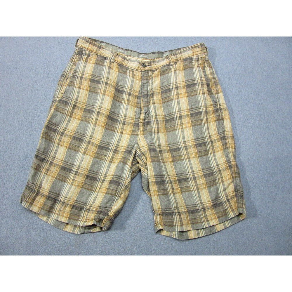 Tommy Bahama Shorts Mens 36 Brown Plaid Linen High Rise Logo Relaxed Fit Zip-Fly